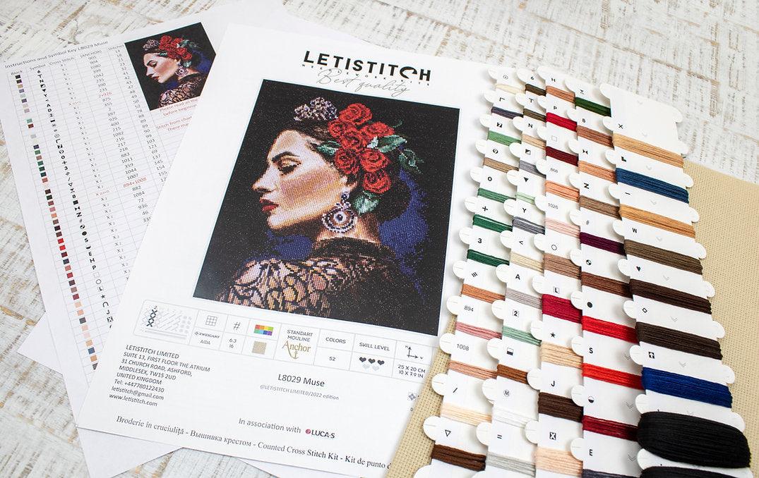 Counted Cross Stitch Kit Muse L8029 featuring Aida canvas, 52 Anchor colors, needle, and instructions.