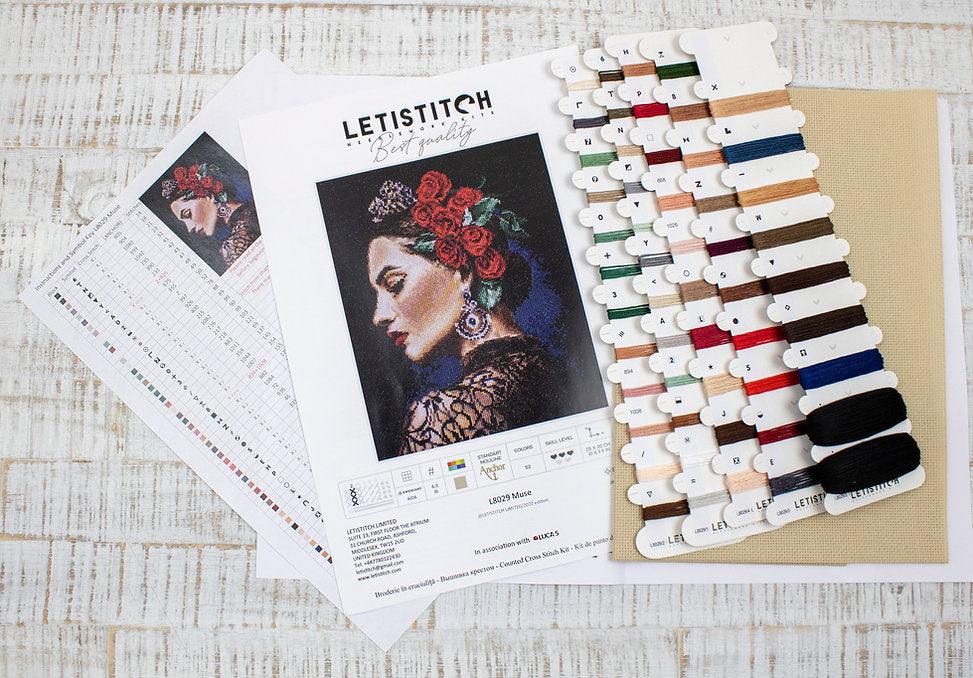 Counted Cross Stitch Kit Muse L8029 featuring Aida canvas, 52 Anchor colors, needle, and instructions.