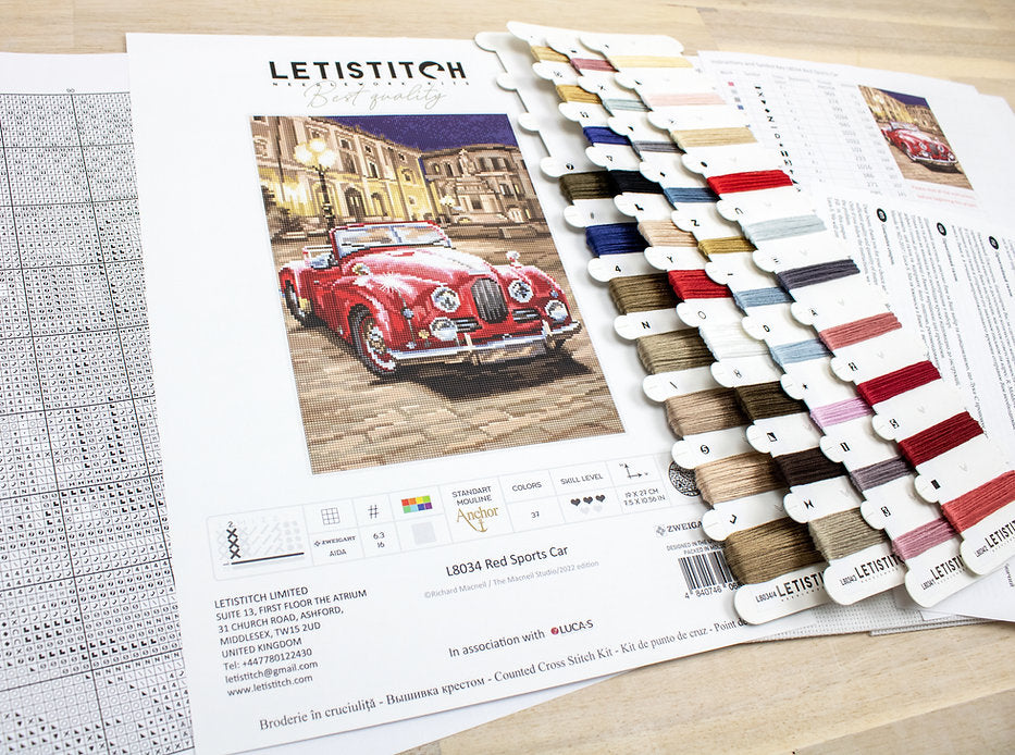 Counted Cross Stitch Kit featuring a vibrant red sports car design with included materials like canvas, threads, and needle.