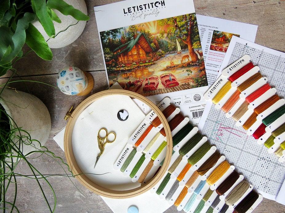 Counted Cross Stitch Kit Seize the Day Leti963 with vibrant threads and canvas.