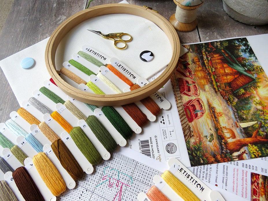 Counted Cross Stitch Kit Seize the Day Leti963 with vibrant threads and canvas.