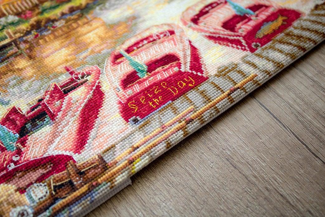 Counted Cross Stitch Kit Seize the Day Leti963 with vibrant threads and canvas.