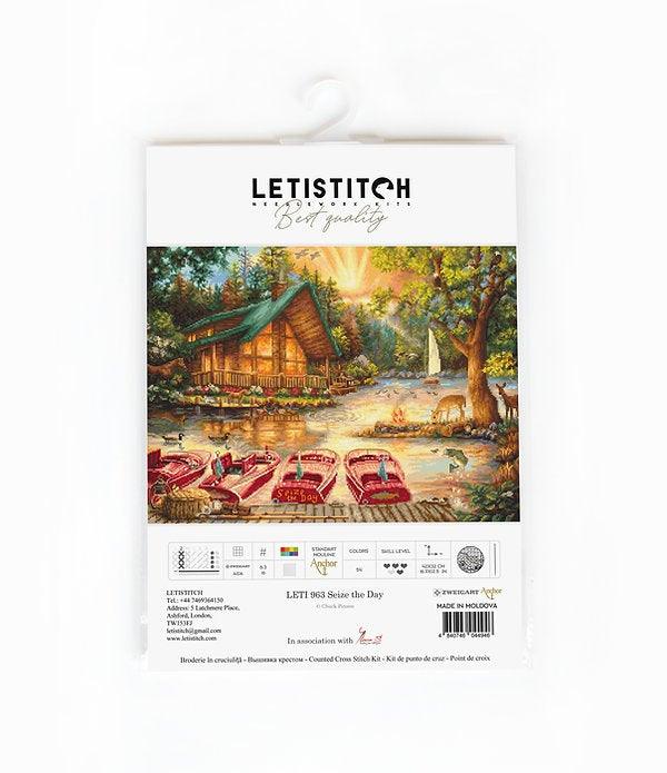 Counted Cross Stitch Kit Seize the Day Leti963 with vibrant threads and canvas.