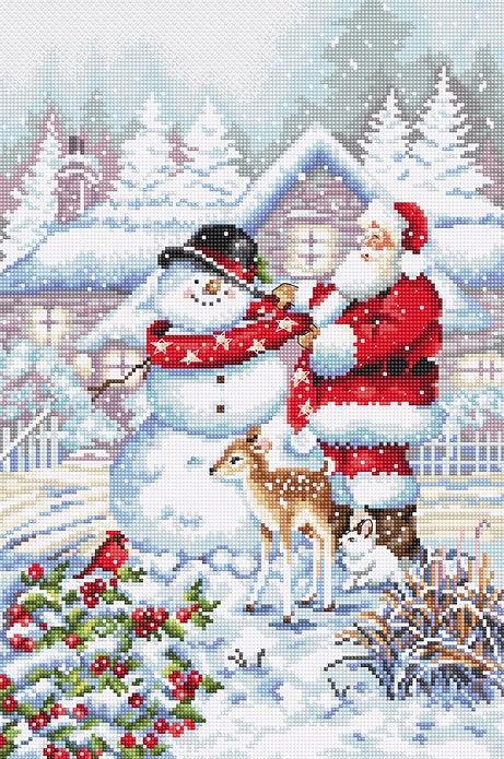 Counted Cross Stitch Kit featuring a Snowman and Santa design, including colorful threads and a needle on a canvas.