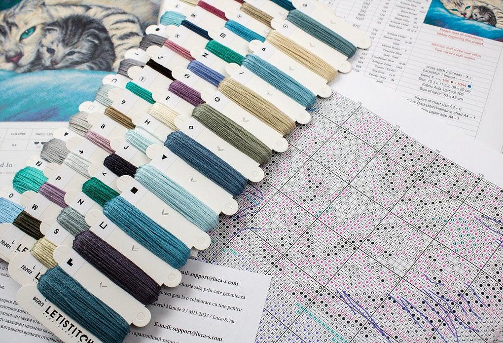 Counted Cross Stitch Kit Tucked In L8020 featuring vibrant threads, Aida canvas, and included needle and instructions.