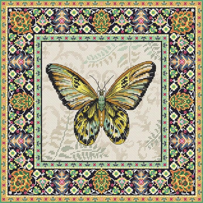 Counted Cross Stitch Kit Vintage Butterfly Leti981 with canvas, threads, and needle, showcasing vibrant colors and butterfly design.