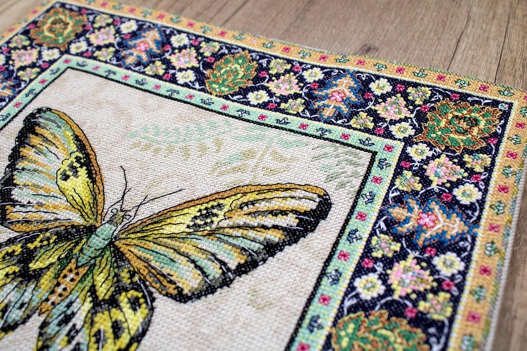 Counted Cross Stitch Kit Vintage Butterfly Leti981 with canvas, threads, and needle, showcasing vibrant colors and butterfly design.
