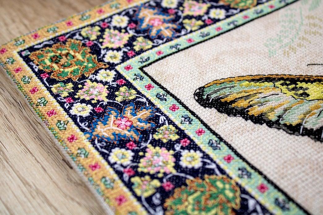 Counted Cross Stitch Kit Vintage Butterfly Leti981 with canvas, threads, and needle, showcasing vibrant colors and butterfly design.