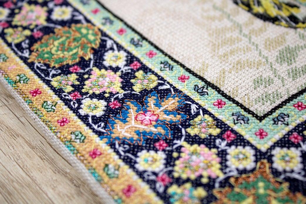 Counted Cross Stitch Kit Vintage Butterfly Leti981 with canvas, threads, and needle, showcasing vibrant colors and butterfly design.