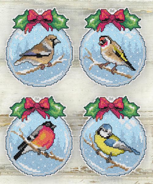 Counted cross stitch kit featuring four bird designs on plastic canvas, including DMC stranded cotton and needle.