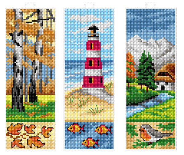 Counted cross stitch kit featuring landscapes, includes plastic canvas, DMC yarn, and needle for creating bookmarks.
