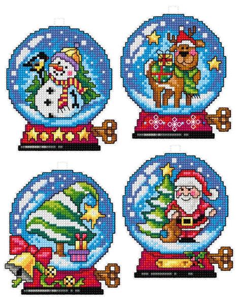Counted cross stitch kit featuring Christmas balls with plastic canvas, DMC threads, and needle, perfect for holiday crafting.