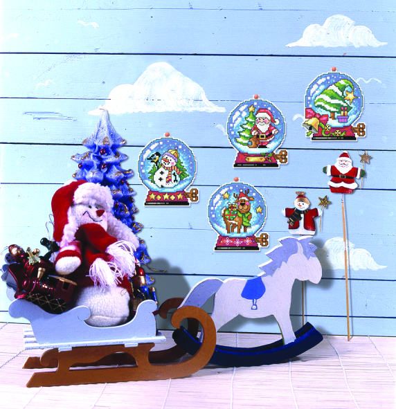 Counted cross stitch kit featuring Christmas balls with plastic canvas, DMC threads, and needle, perfect for holiday crafting.