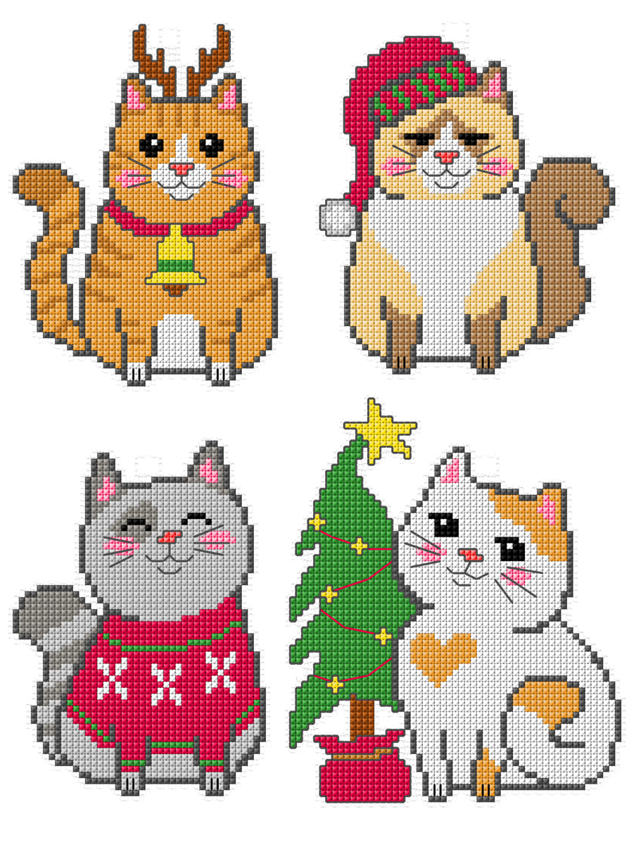 Counted cross stitch kit featuring Christmas cats designs, including plastic canvas, DMC cotton threads, chart, and needle.