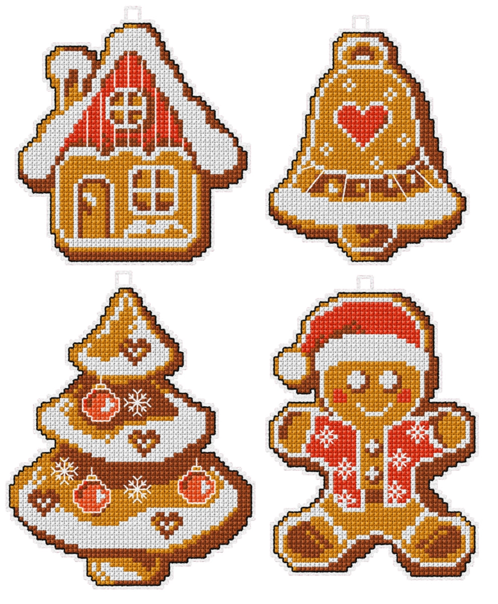 Counted cross stitch kit featuring Christmas gingerbreads with plastic canvas, DMC cotton, and needle for crafting seasonal ornaments.