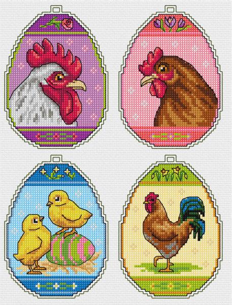 Counted cross stitch kit featuring four colorful Easter egg designs on plastic canvas, including DMC cotton threads and a needle.