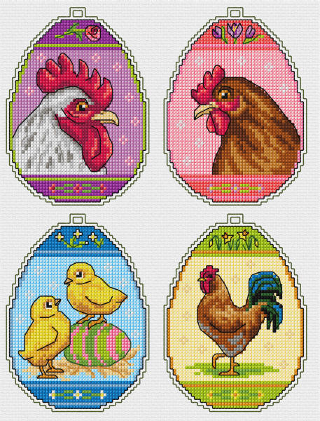 Counted cross stitch kit featuring four colorful Easter egg designs on plastic canvas, including DMC cotton threads and a needle.