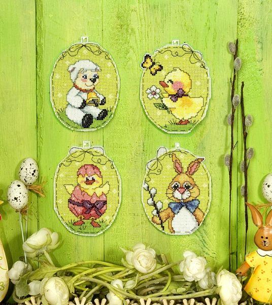 Counted cross stitch kit featuring Easter egg designs with plastic canvas and DMC stranded cotton.
