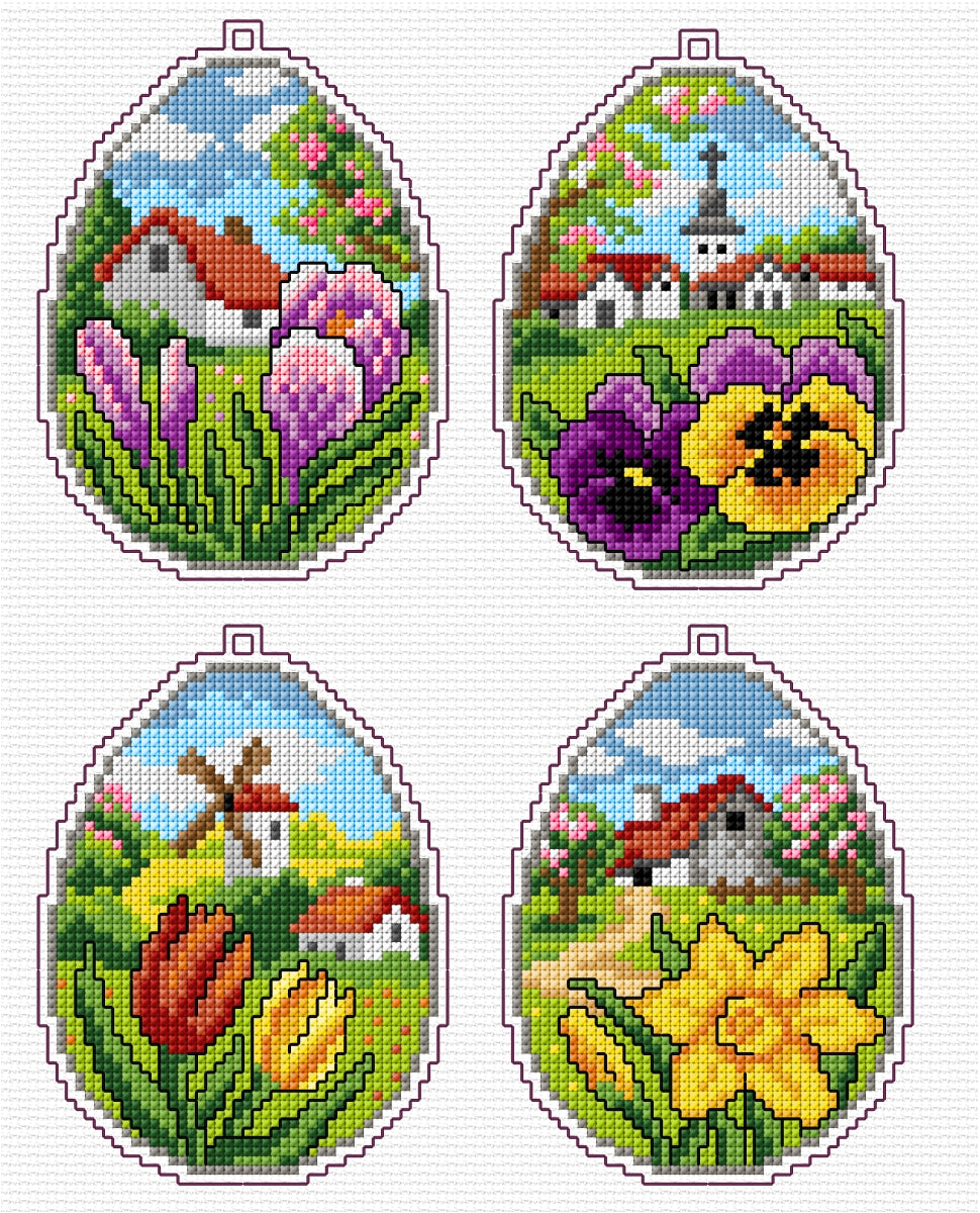 Counted cross stitch kit featuring four colorful Easter egg designs on plastic canvas with DMC cotton threads.