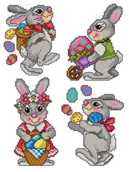 Counted cross stitch kit featuring Easter rabbits, includes plastic canvas, DMC cotton threads, and stitching supplies.