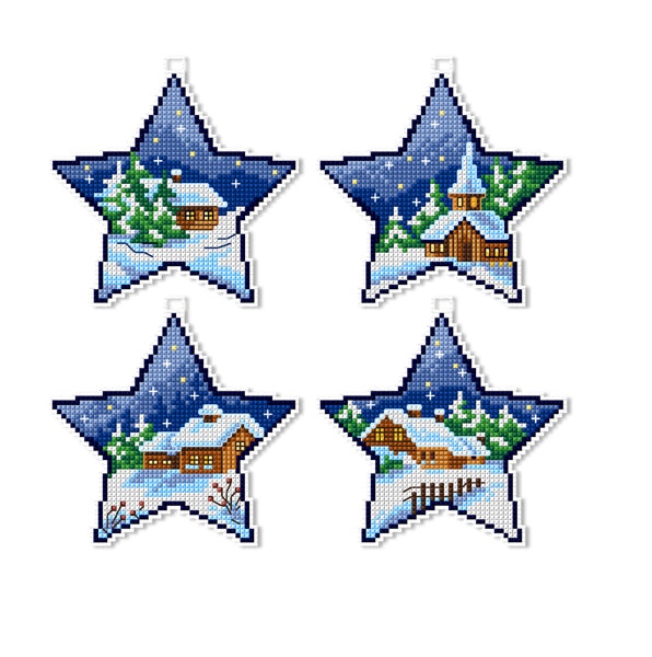 Counted cross stitch kit 'Winter Stars' featuring plastic canvas, DMC cotton, and instructions for creating seasonal ornaments.