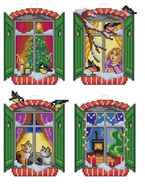 Counted cross stitch kit featuring 'Winter Windows' design with plastic canvas, DMC cotton threads, and included needle and chart.