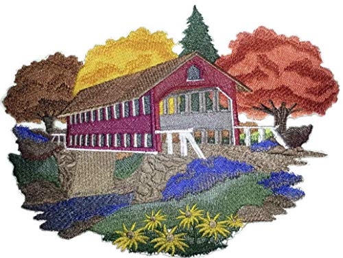 Covered Bridge in Autumn embroidered patch featuring vibrant fall colors and intricate details, perfect for iron-on or sewing applications.