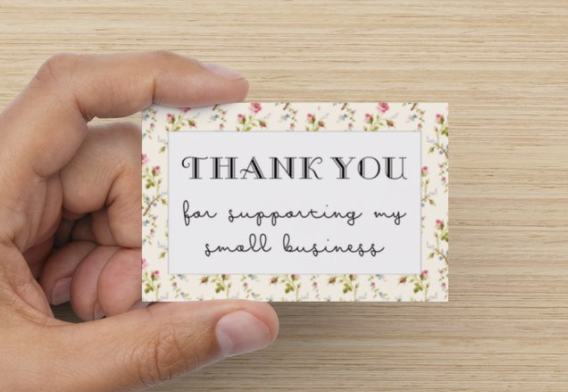 Cream floral thank you cards designed for small businesses, featuring a silk matte finish.