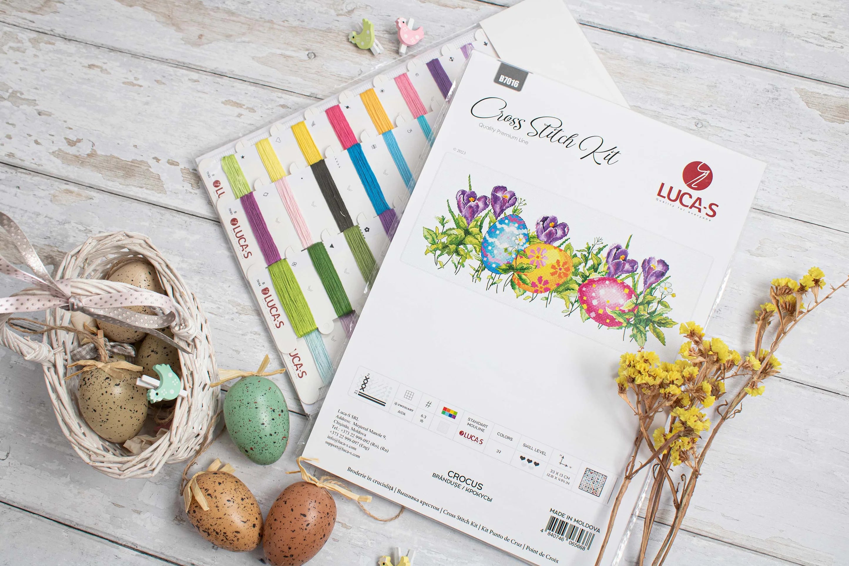 Crocus B7016L Counted Cross-Stitch Kit featuring colorful threads, Aida canvas, and needle.