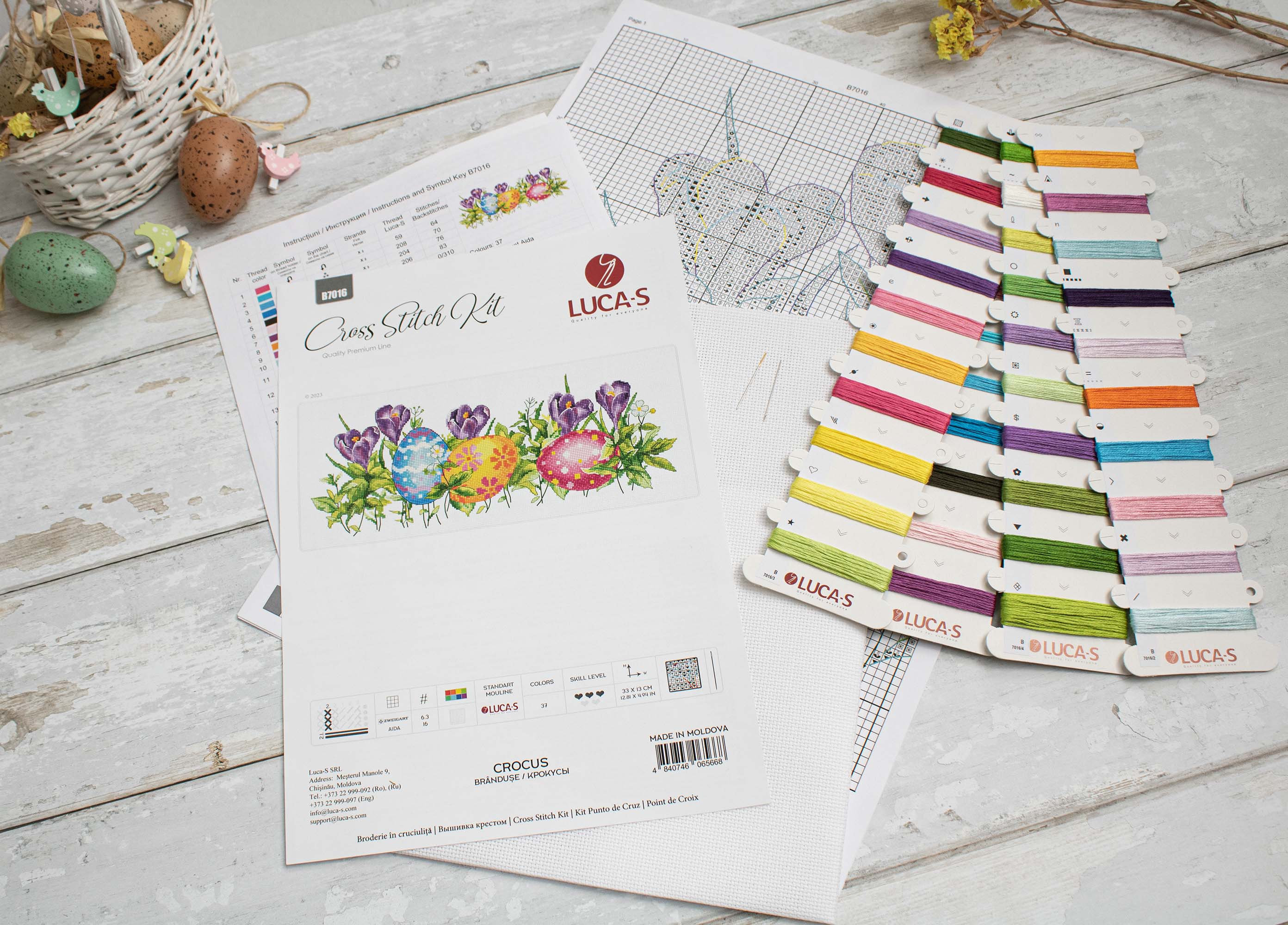 Crocus B7016L Counted Cross-Stitch Kit featuring colorful threads, Aida canvas, and needle.