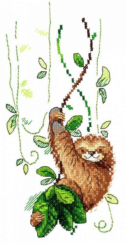 Cross stitch kit featuring a Perky Sloth design with colorful threads and water-soluble canvas.