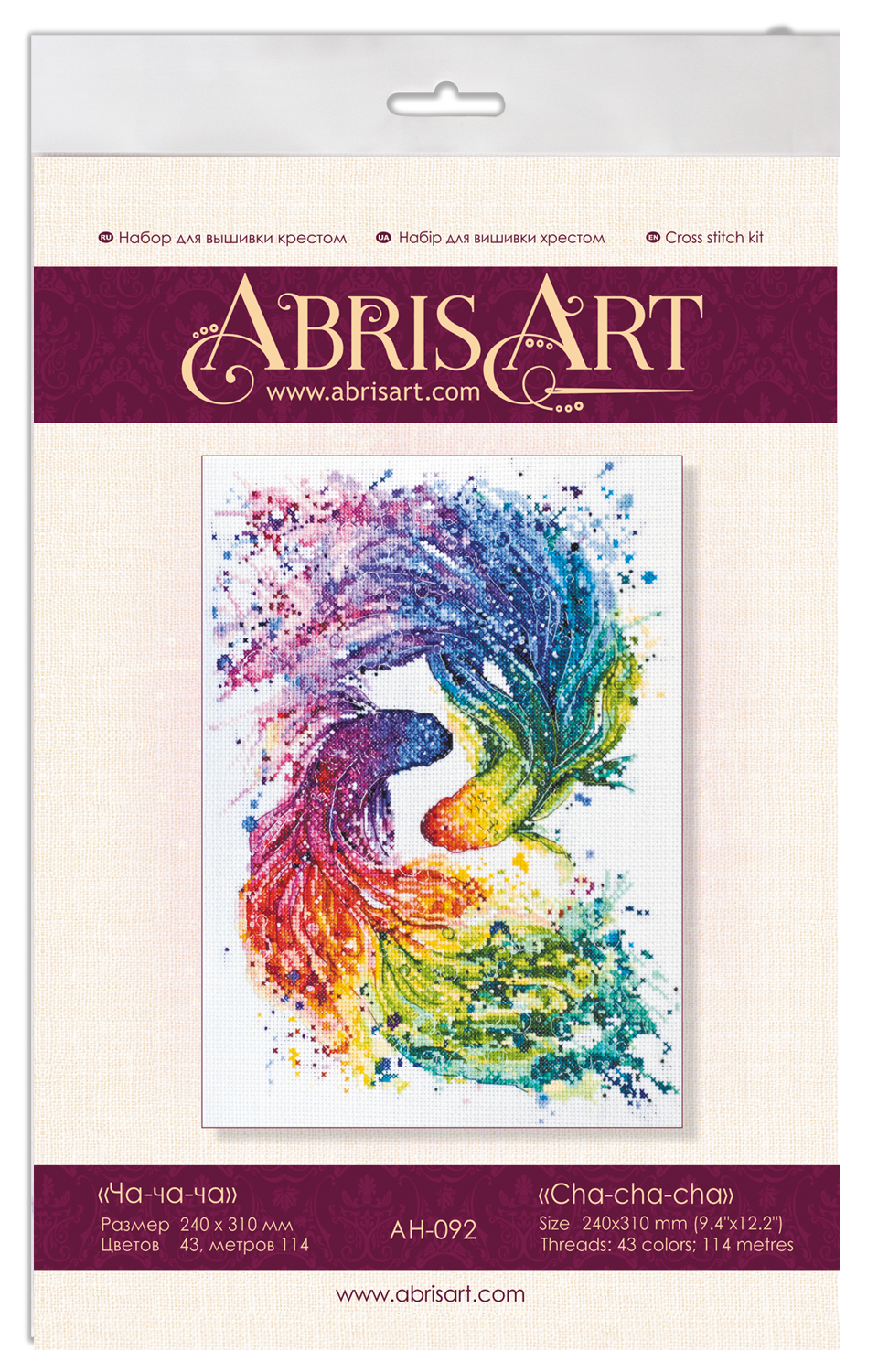 Cross-stitch kit Cha-cha-cha AH-092 featuring cotton canvas, colorful floss, and needles for crafting.