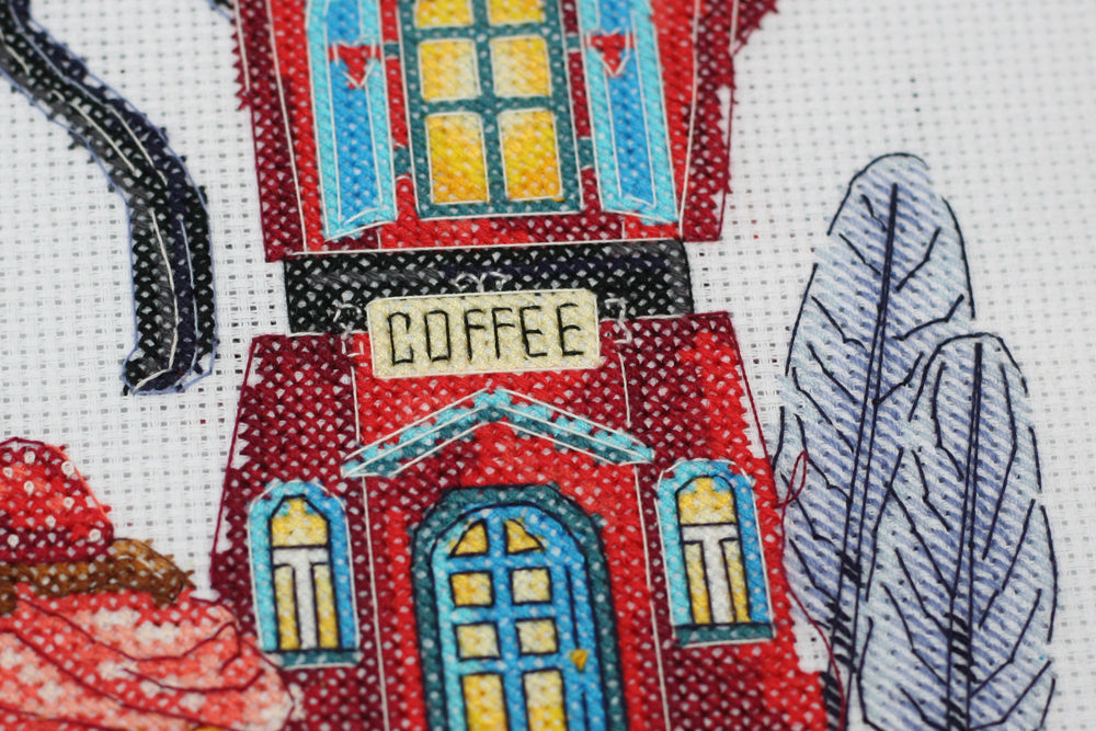 Cross-stitch kit Coffee house AH-149 featuring cotton canvas, colorful floss, and symbol scheme for easy stitching.
