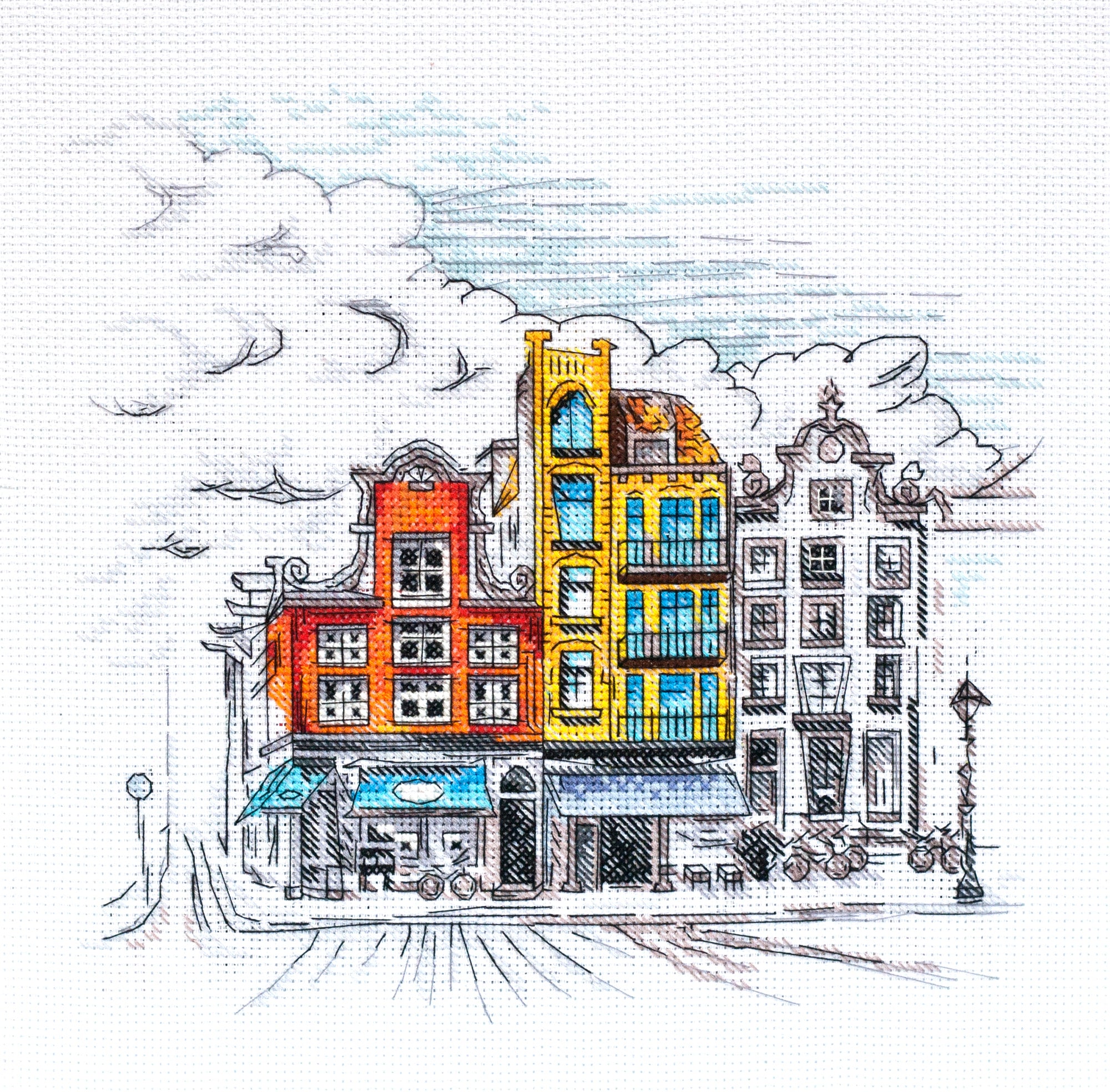 Cross-stitch kit Colored town-2 AH-147 featuring cotton canvas, colorful floss, and symbol scheme for easy stitching.