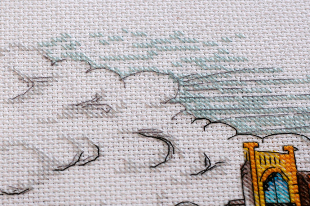 Cross-stitch kit Colored town-2 AH-147 featuring cotton canvas, colorful floss, and symbol scheme for easy stitching.