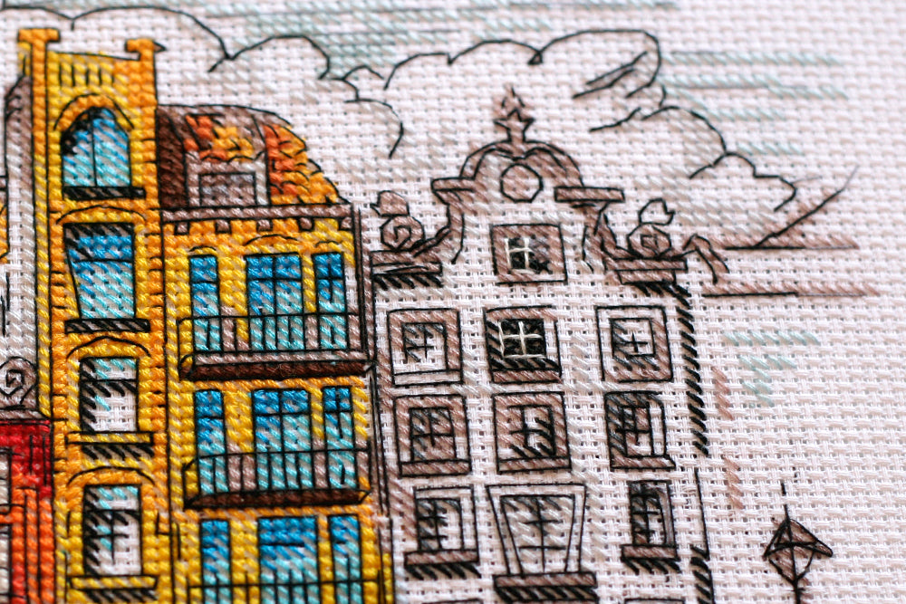 Cross-stitch kit Colored town-2 AH-147 featuring cotton canvas, colorful floss, and symbol scheme for easy stitching.