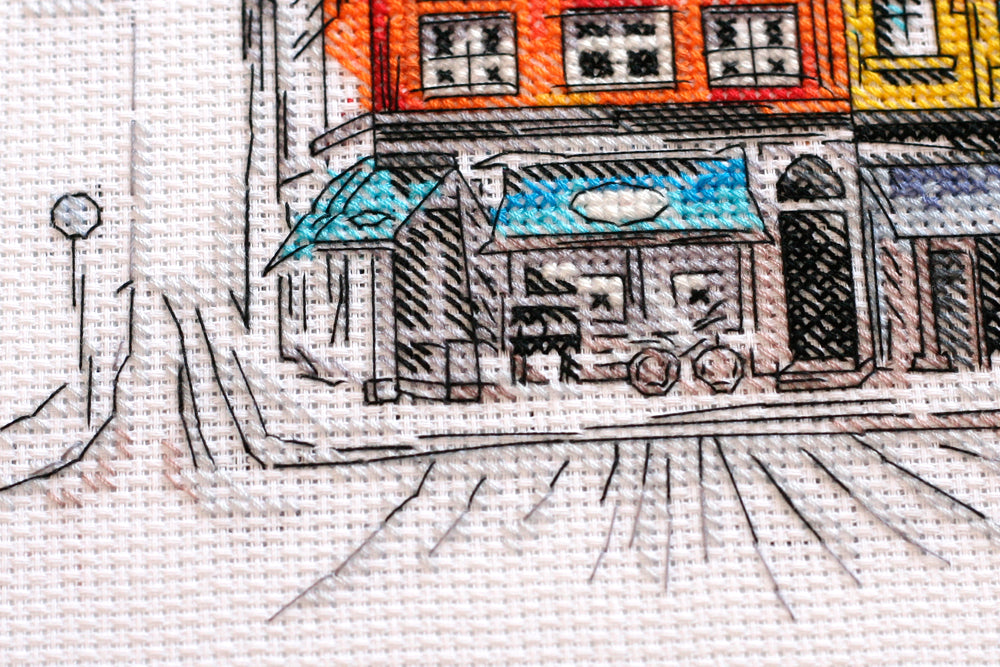 Cross-stitch kit Colored town-2 AH-147 featuring cotton canvas, colorful floss, and symbol scheme for easy stitching.