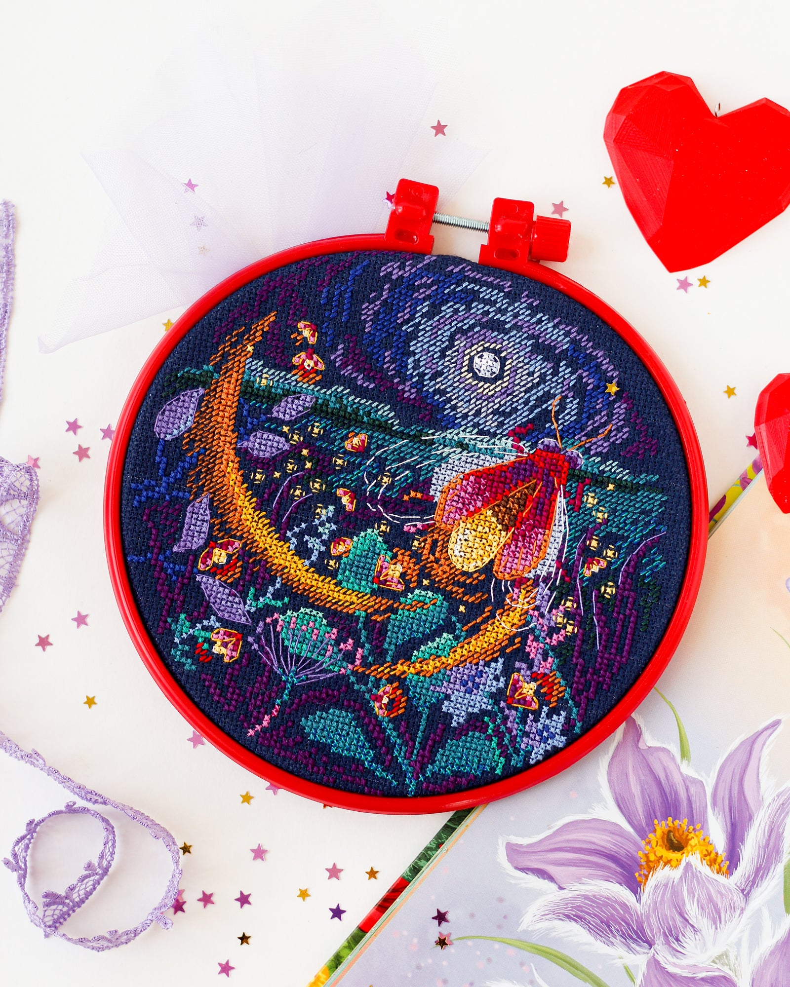 Cross-stitch kit Fireflies AHM-053 featuring dark blue canvas, colorful floss, and included needles.