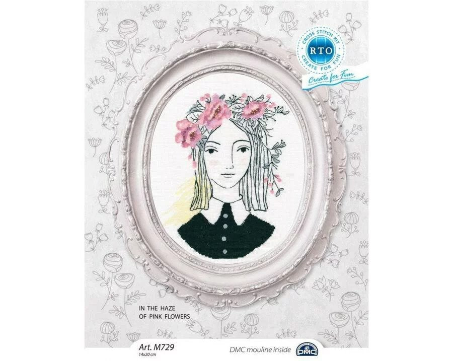 Cross-stitch kit featuring pink flowers on white Aida18 fabric, includes threads, needle, and instructions.