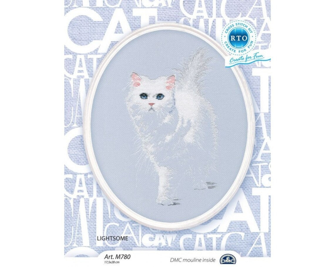 Cross-stitch Kit 'Lightsome' M780 featuring grey Aida 14 canvas, DMC threads, and included accessories.