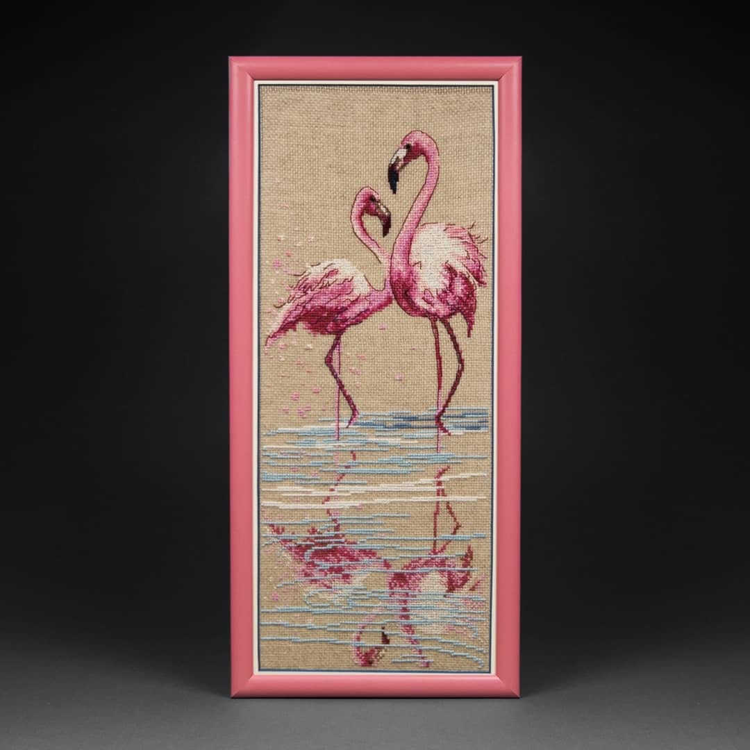 Cross-stitch kit M-295C Series 'At the water' featuring Aida linen, colorful threads, and an instruction chart.