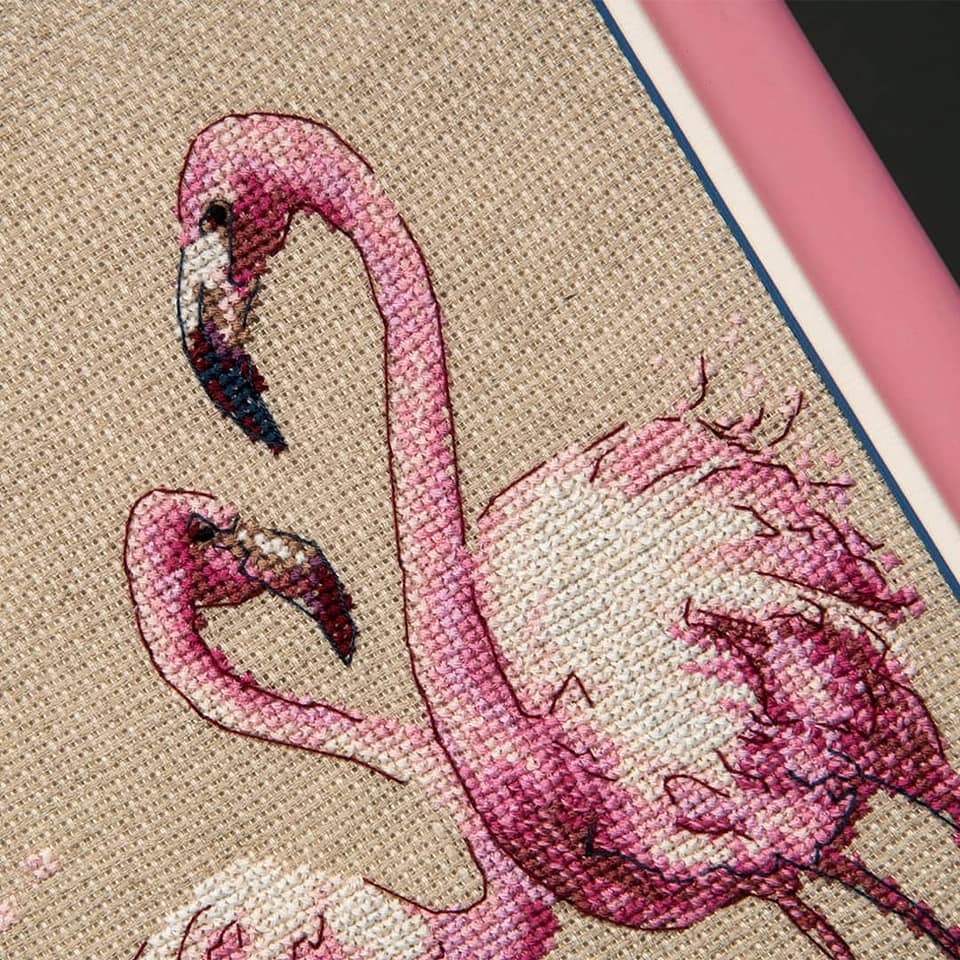 Cross-stitch kit M-295C Series 'At the water' featuring Aida linen, colorful threads, and an instruction chart.