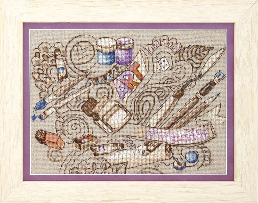 Cross-stitch kit M-297C featuring colorful threads, Aida linen, and instruction chart for creative stitching.