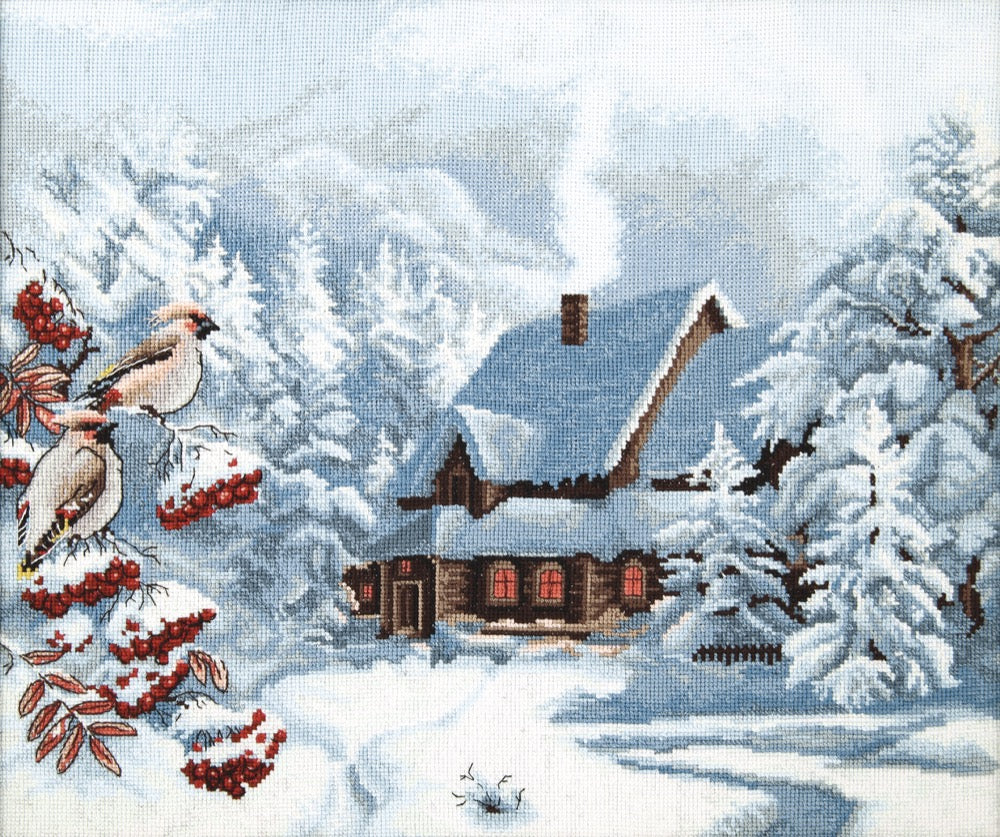 Cross-stitch kit M-385C 'Frosty evening' featuring colorful threads, Aida canvas, and instructions for crafting.