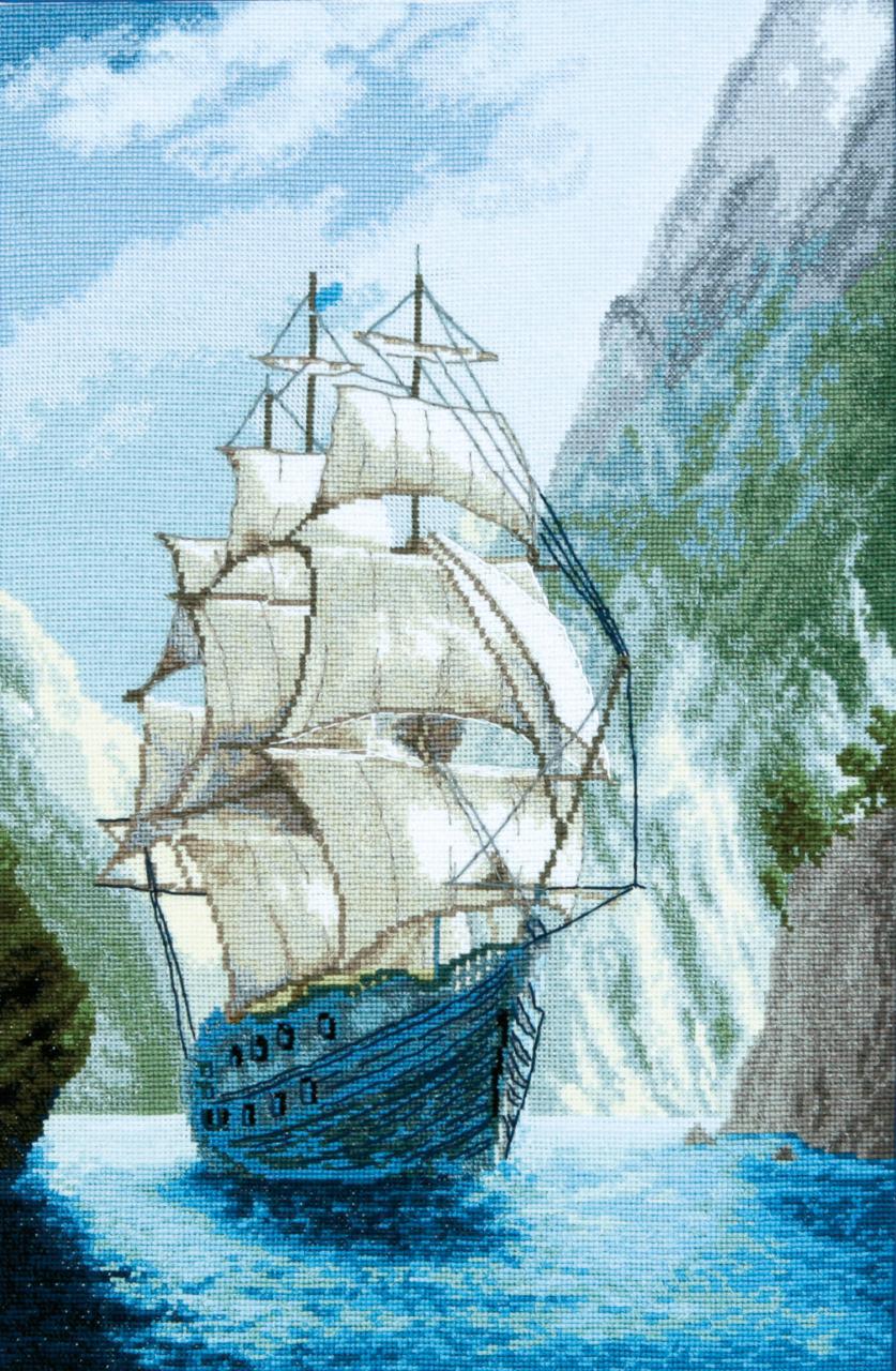 Cross-stitch kit M-441C featuring 'To the home harbor' design with Aida fabric, Madeira floss, and included needle.