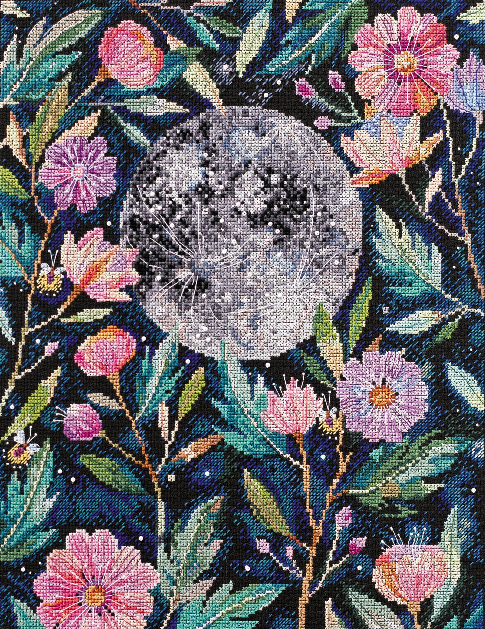 Cross-stitch kit Moon secrets AH-065 featuring black canvas, colorful floss, beads, and needles for crafting.
