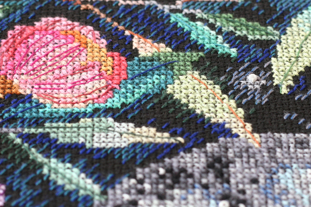 Cross-stitch kit Moon secrets AH-065 featuring black canvas, colorful floss, beads, and needles for crafting.