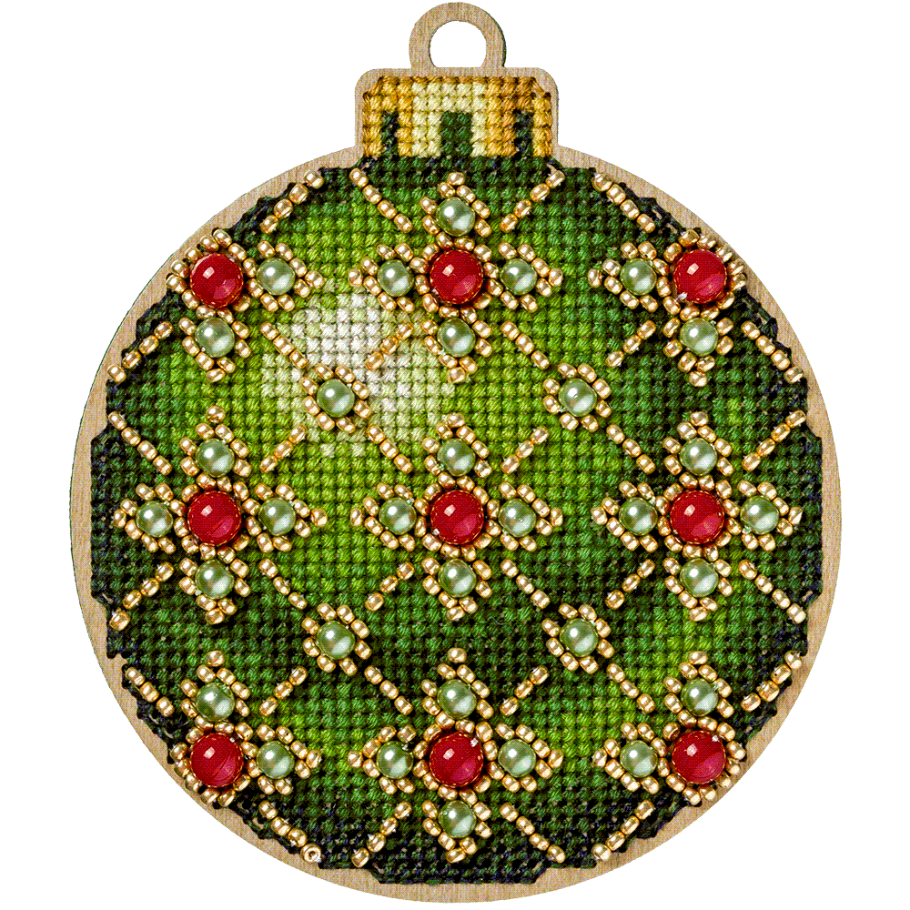 Cross-stitch kit on wood FLW-007 featuring colorful threads, beads, and a wooden base for creating Christmas tree decorations.
