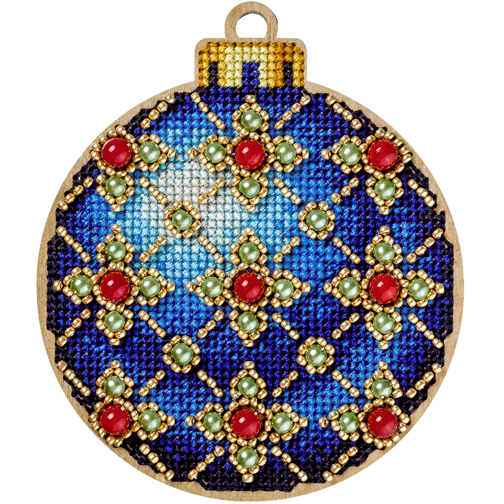 Cross-stitch kit FLW-008 featuring a wooden base, colorful threads, beads, and all necessary tools for creating Christmas decorations.