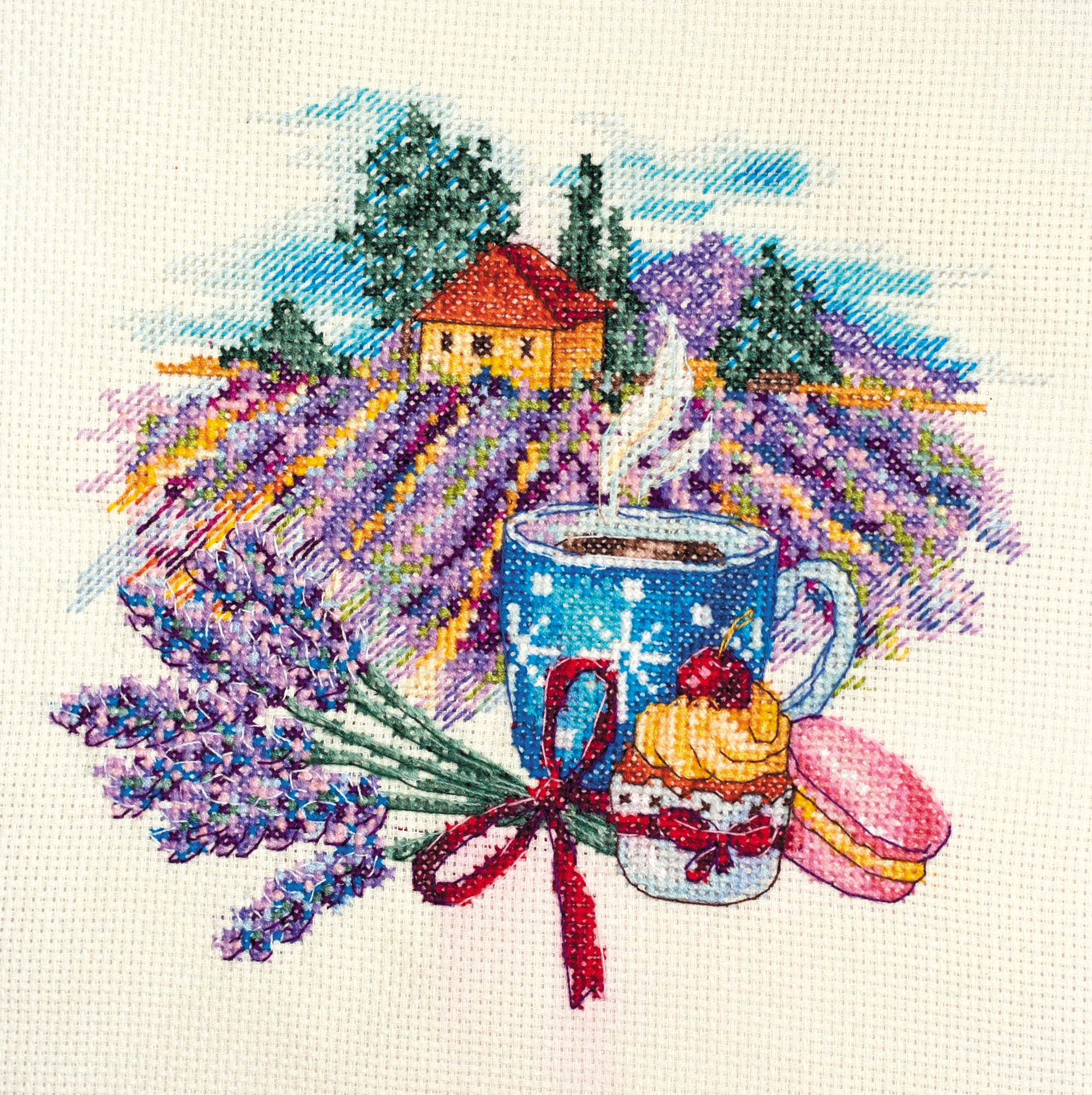 Provence morning cross-stitch kit AH-173 featuring cotton canvas, colorful floss, and decorative wooden frame.